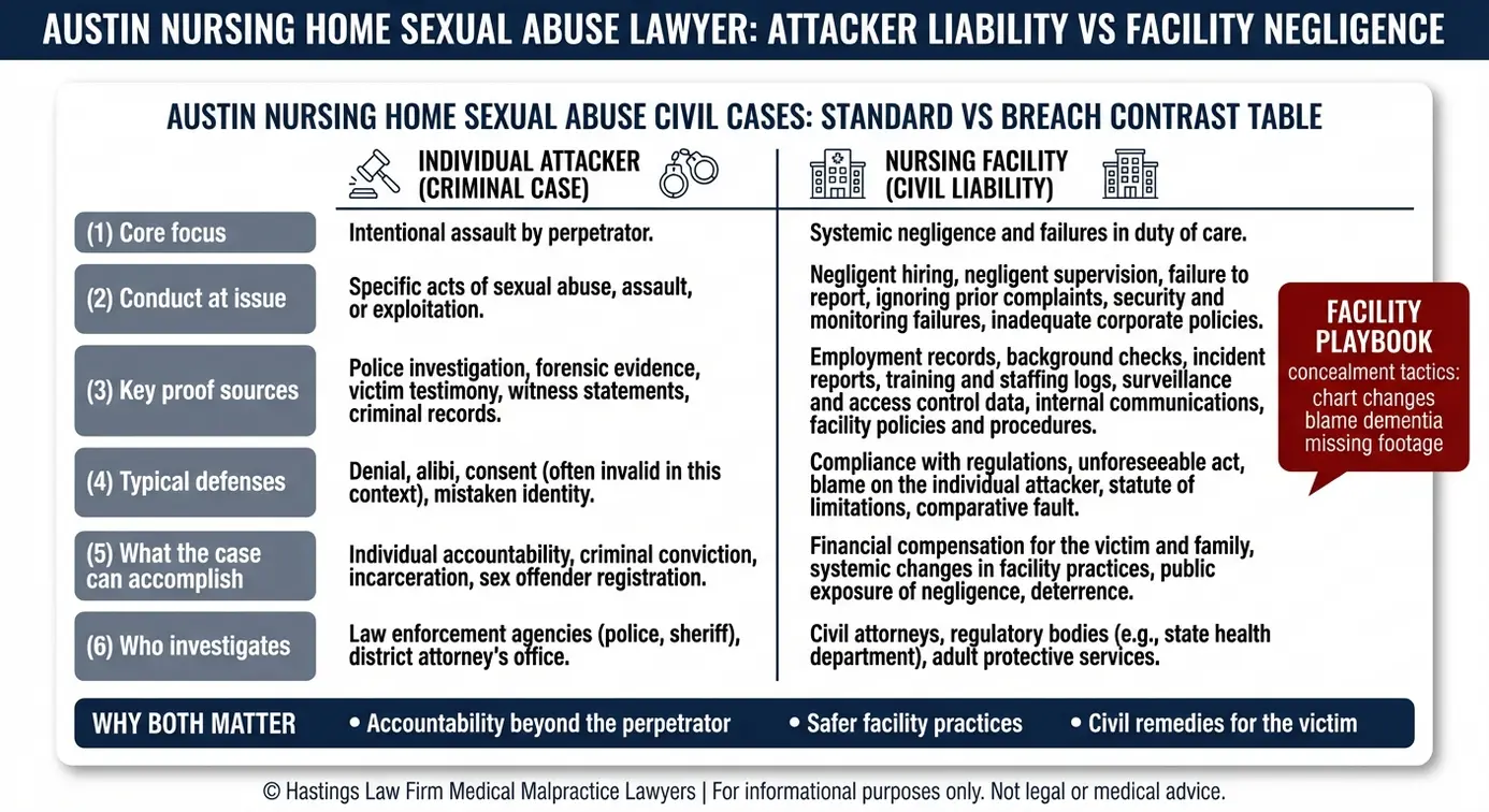 Comparison chart explaining attacker criminal liability versus facility civil negligence in an Austin nursing home sexual abuse lawyer case including proof sources and common defenses.