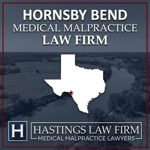 Best Medical Malpractice Attorneys in Hornsby Bend Texas A landscape scene of Hornsby Bend Texas. A red star pinpoints the location where local Medical Malpractice Lawyers have helped injured patients. The Hastings Law Firm logo appears at the bottom.