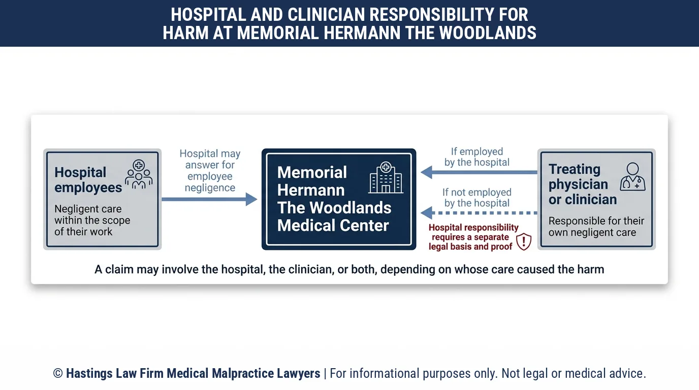 ¿Es responsable el Memorial Hermann The Woodlands Medical Center o el médico que lo atiende cuando un abogado especializado en negligencia hospitalaria presenta una demanda de acuerdo con la Ley 74?.