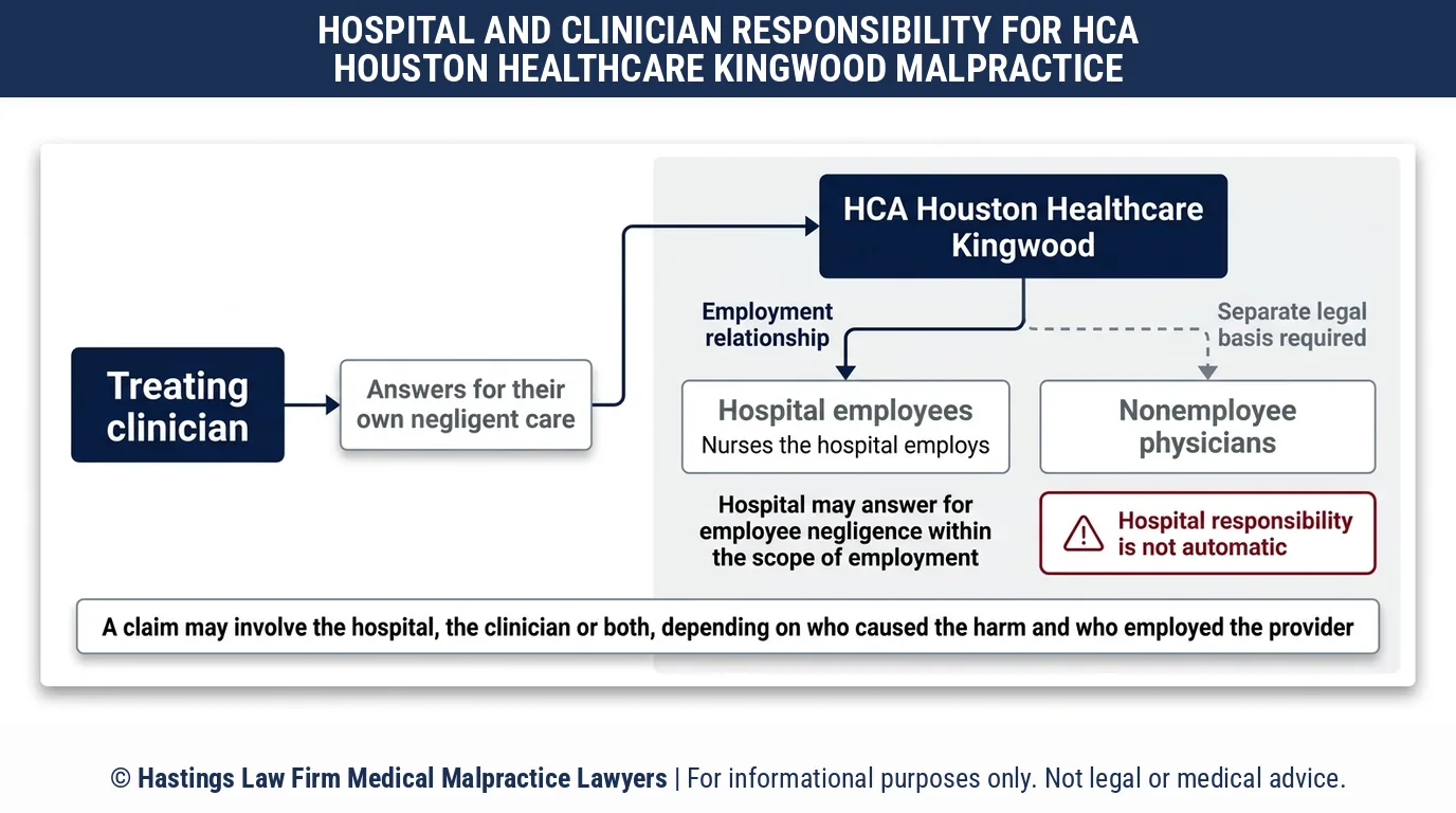 ¿Puede un abogado especializado en negligencia hospitalaria demandar a HCA Houston Healthcare Kingwood o al médico que le realizó el tratamiento tras una lesión que allí haya sufrido?.