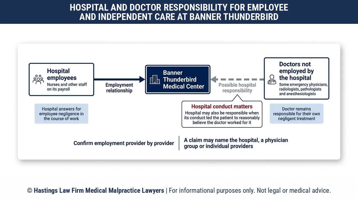 Should I sue Banner Thunderbird Medical Center or the doctor, and how does a hospital malpractice attorney decide who is responsible.