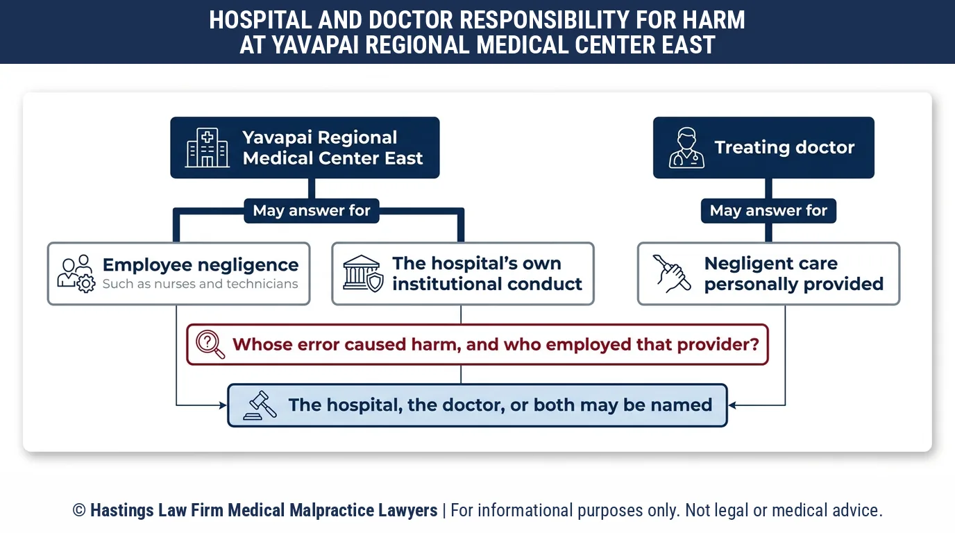 Should a hospital malpractice attorney sue Yavapai Regional Medical Center East or the treating physician when a patient is harmed.