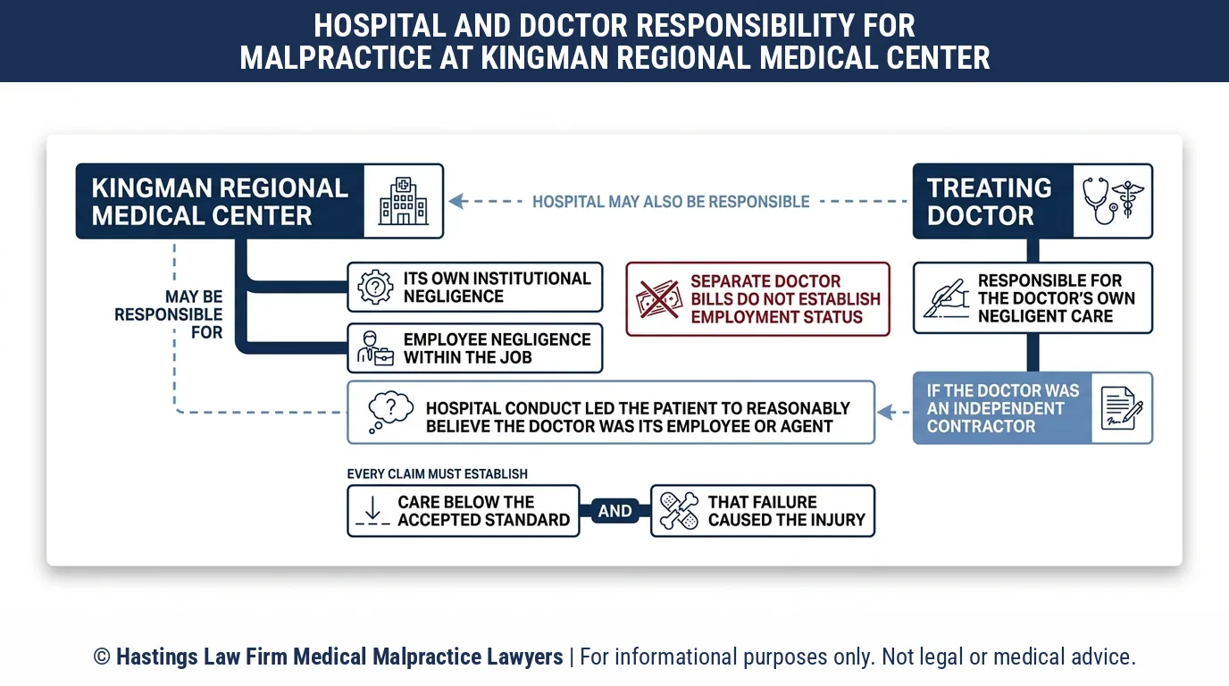 Can a hospital malpractice attorney sue Kingman Regional Medical Center for a contractor doctor's mistake.