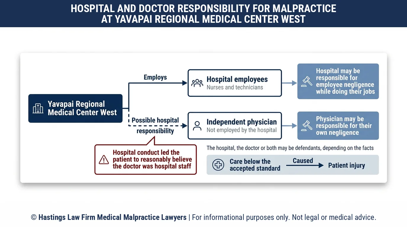 A quién puedo demandar por un error en Yavapai Regional Medical Center West y si un abogado especializado en negligencia hospitalaria también menciona al médico.