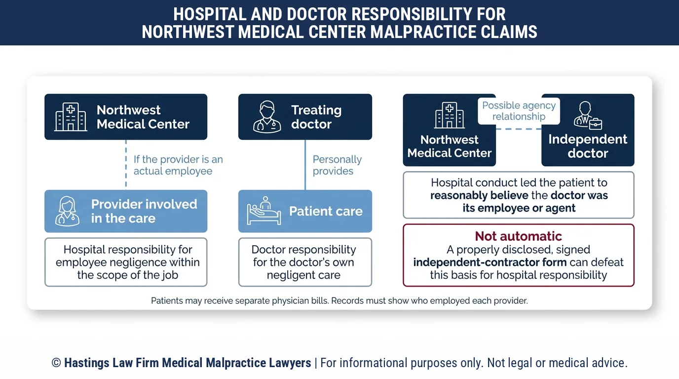 ¿Debería demandar al Northwest Medical Center o a mi médico, y cómo decide un abogado especializado en negligencia médica quién es el responsable?.