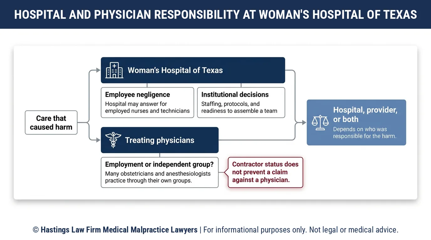 Does a hospital malpractice attorney sue the treating physician or Woman's Hospital of Texas itself.