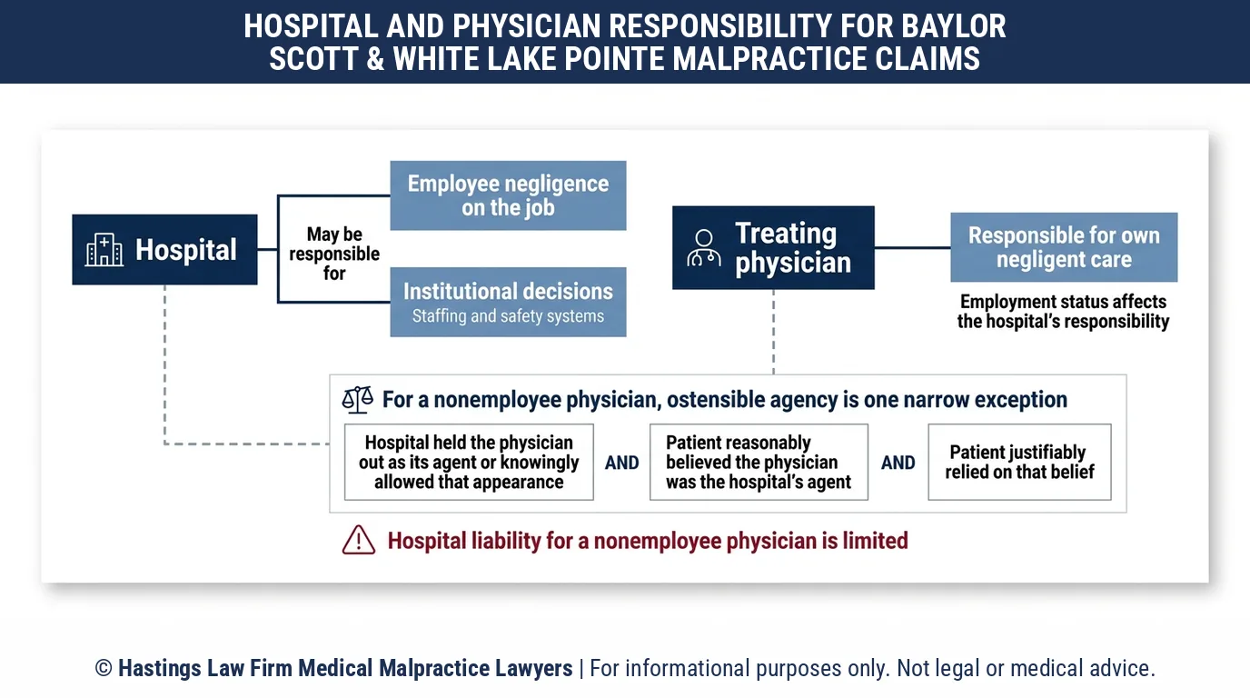 ¿Debería un abogado especializado en negligencia hospitalaria demandar al Baylor Scott & White Medical Center Lake Pointe o al médico que me atendió?.