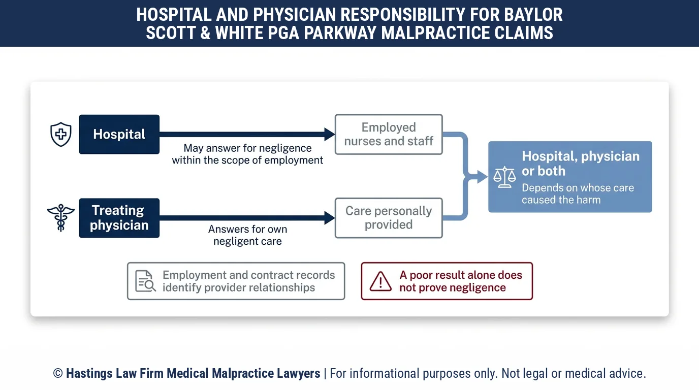 ¿Quién considera responsable un abogado de negligencia hospitalaria por una lesión de un paciente en el Baylor Scott & White Medical Center de Frisco, en la carretera PGA Parkway?.