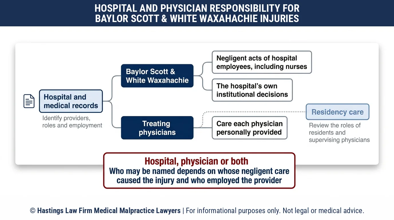 ¿Debería demandar al Baylor Scott & White Medical Center de Waxahachie o a mi médico con la ayuda de un abogado especializado en negligencia médica hospitalaria?.