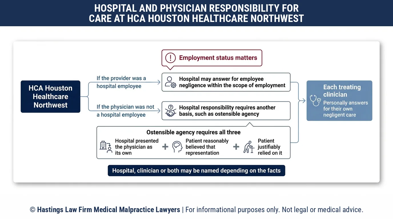 ¿Un abogado de negligencia médica demanda a HCA Houston Healthcare Northwest por un médico que no es su empleado?.