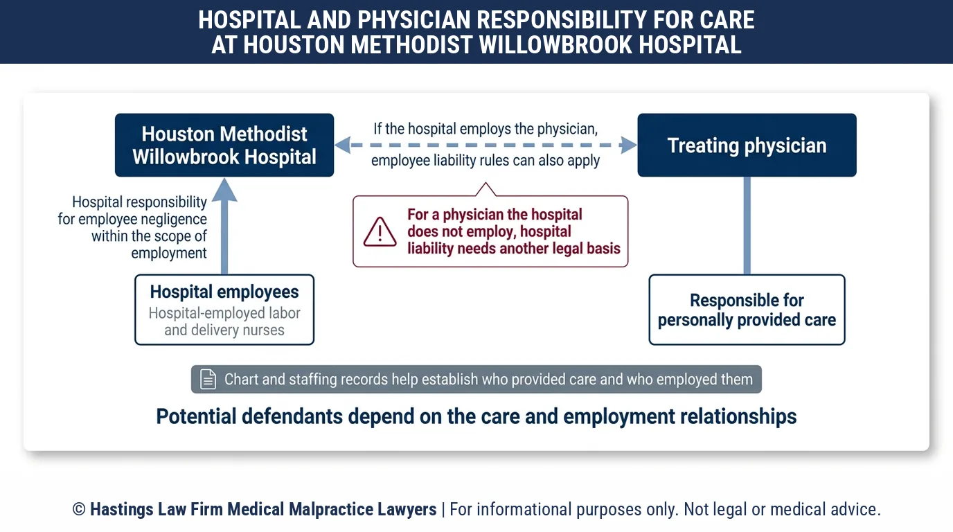 ¿Debería demandar a Houston Methodist Willowbrook o a mi médico, y cómo decide un abogado especializado en negligencia hospitalaria quién es el responsable?.