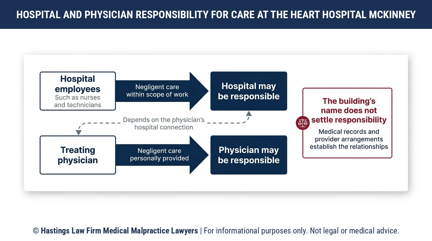 Should a hospital malpractice attorney name the doctor or the hospital in a claim over care at Baylor Scott & White The Heart Hospital McKinney.
