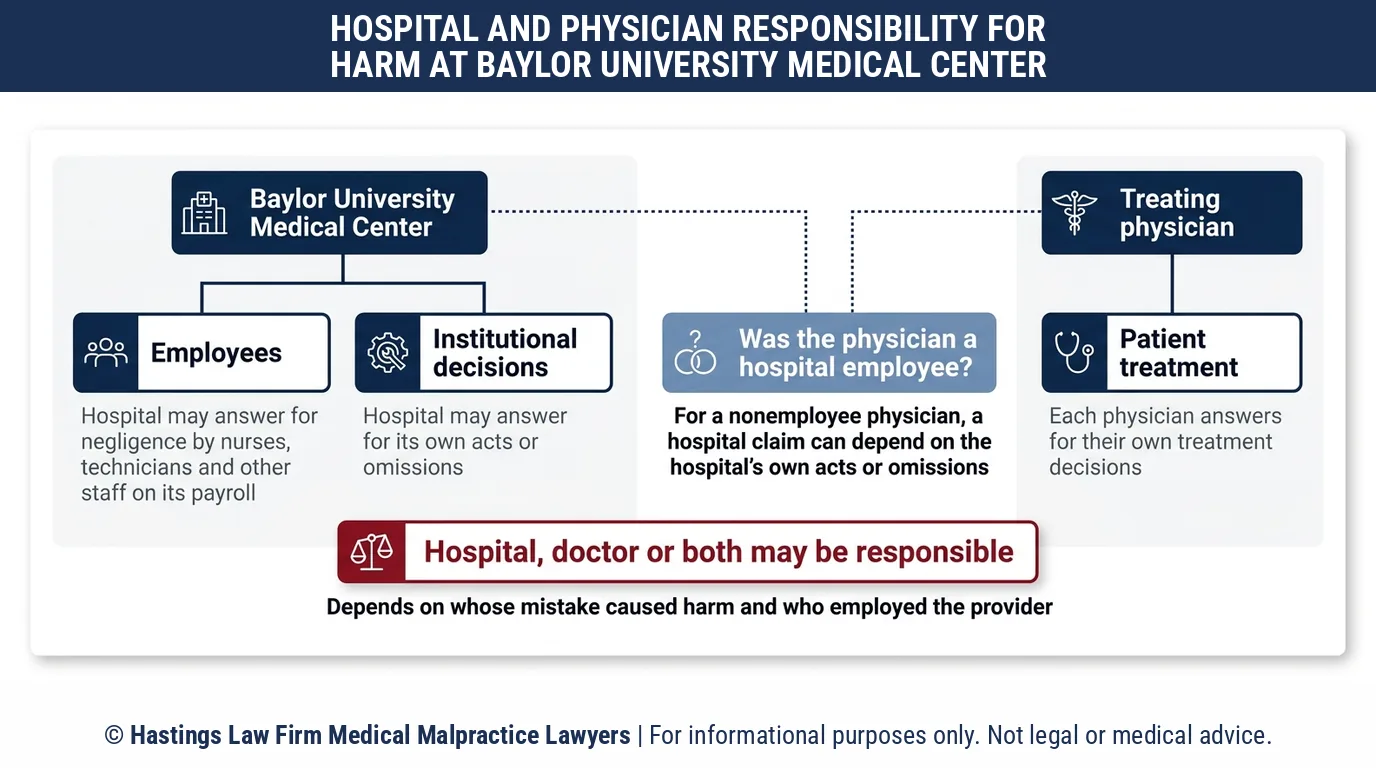 Should a hospital malpractice attorney sue Baylor University Medical Center or the doctor who caused the injury.