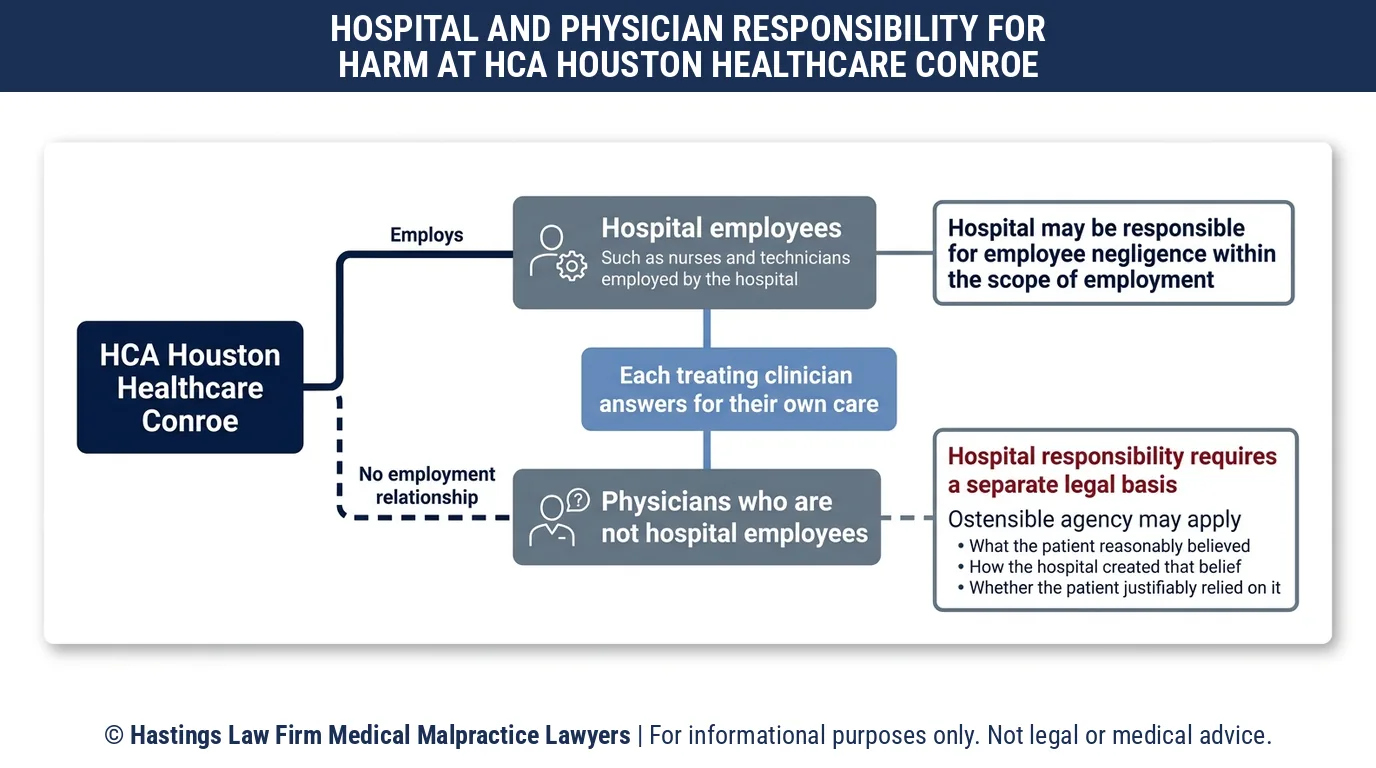 Can a hospital negligence lawyer hold HCA Houston Healthcare Conroe responsible for a doctor who is not its employee.