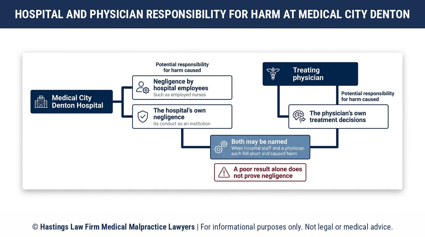Who can I sue for an injury at Medical City Denton Hospital, and what does a hospital malpractice attorney need to file.
