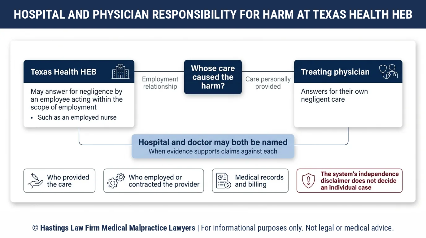 Should a hospital negligence lawyer sue Texas Health Hurst-Euless-Bedford or the doctor who treated the patient there.