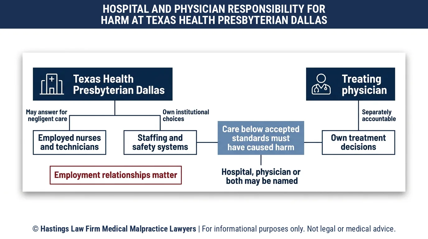 Can a hospital malpractice attorney hold Texas Health Presbyterian Hospital Dallas responsible for its nurses or only the doctor.