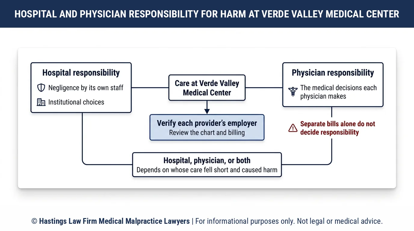 Can a hospital malpractice attorney sue Verde Valley Medical Center or the doctor who treated me in Arizona.