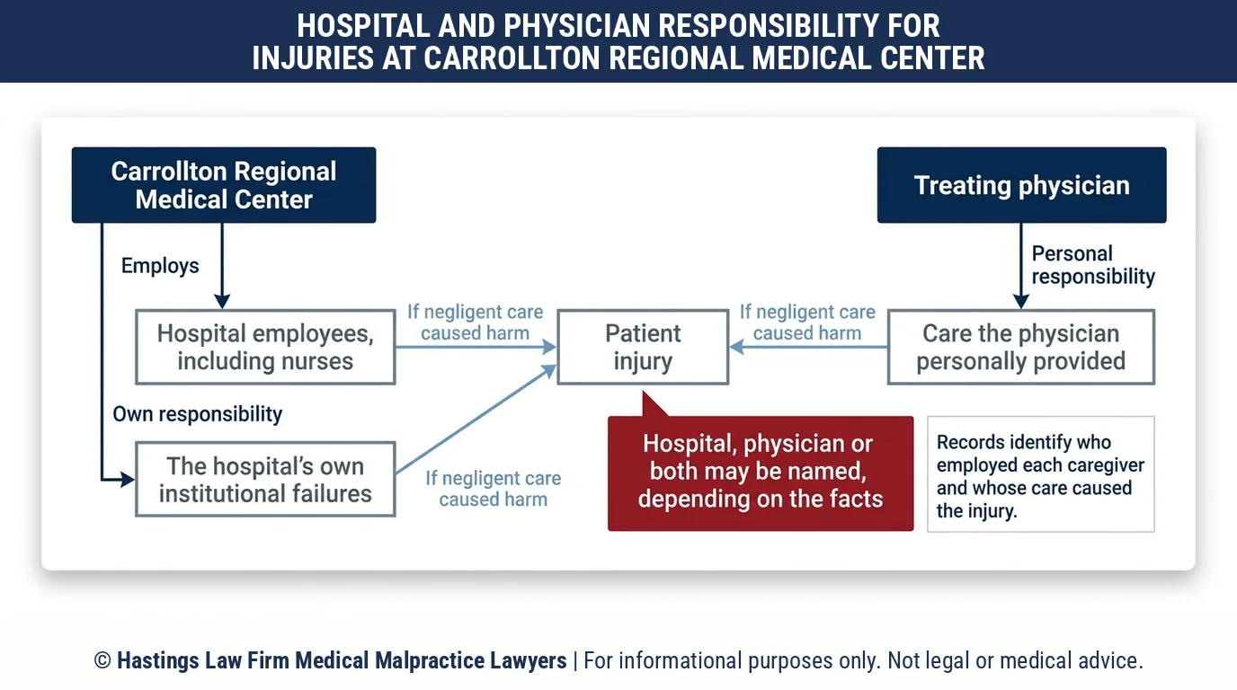 Should my hospital malpractice attorney name Carrollton Regional Medical Center or the doctor who treated me as the defendant.