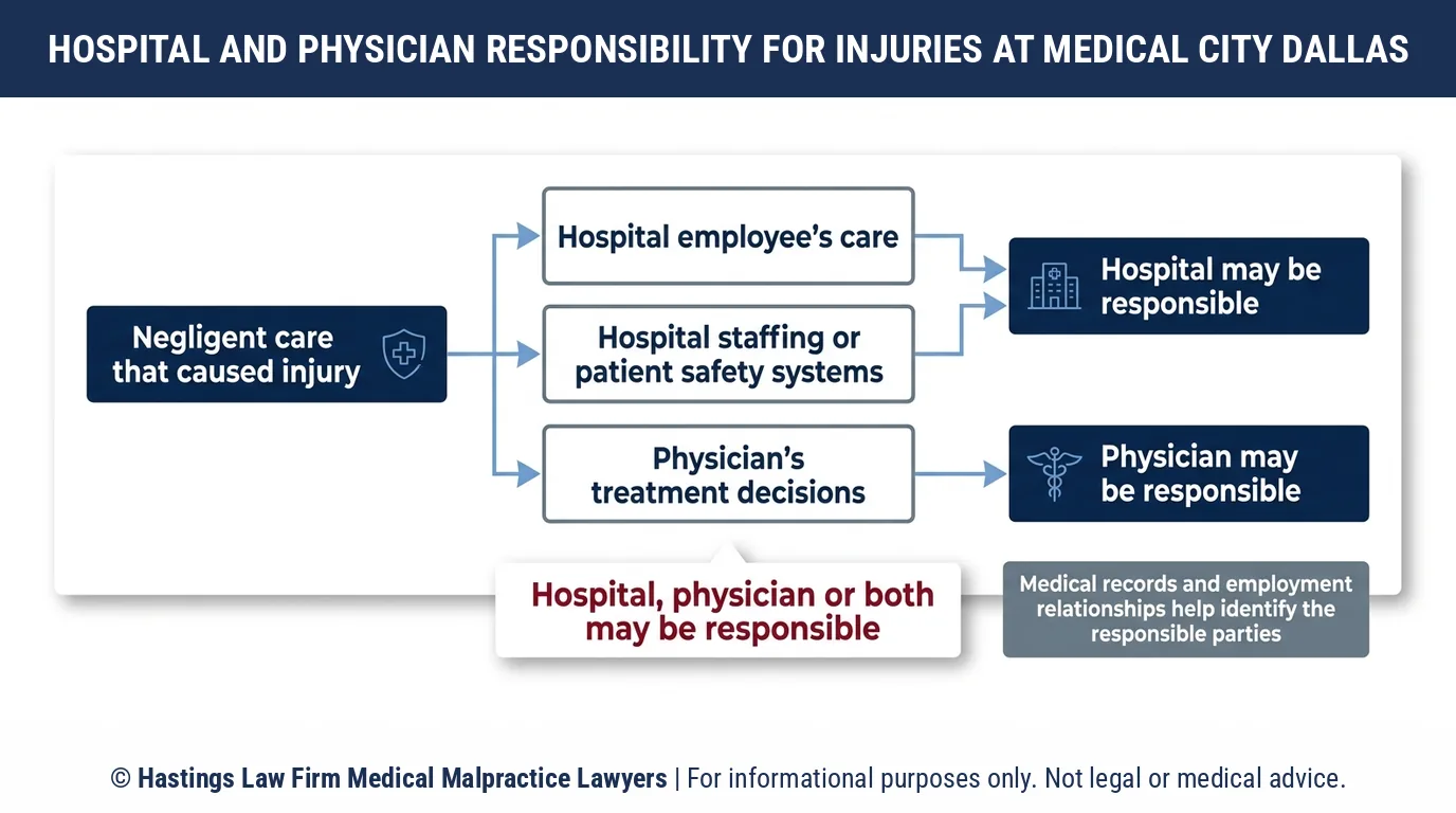 Can a hospital malpractice attorney sue both Medical City Dallas Hospital and the doctor for my injury.