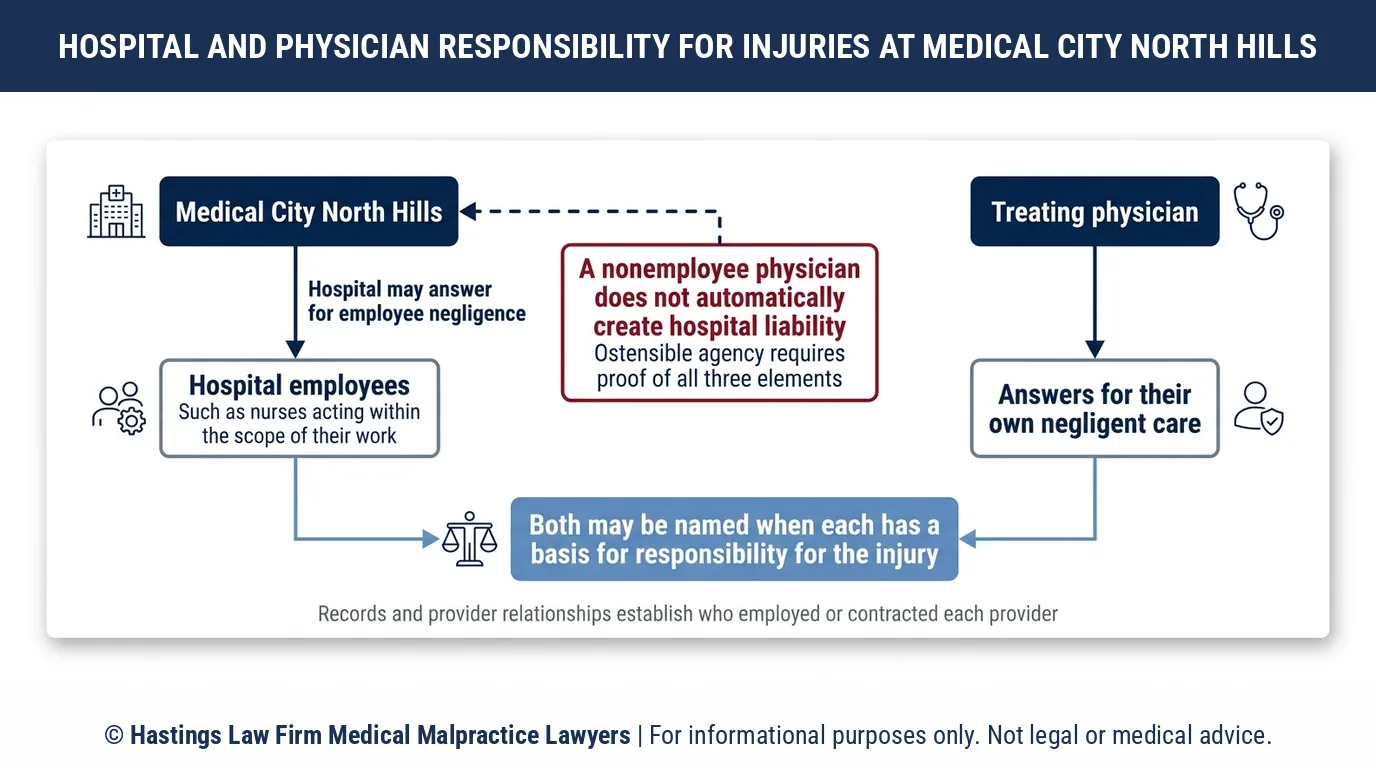 Can a hospital malpractice attorney sue Medical City North Hills or the treating doctor for a preventable injury.