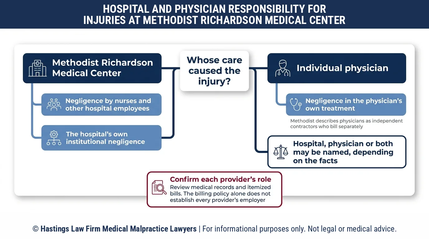 Should a hospital malpractice attorney sue Methodist Richardson Medical Center or the independent doctor who treated me.