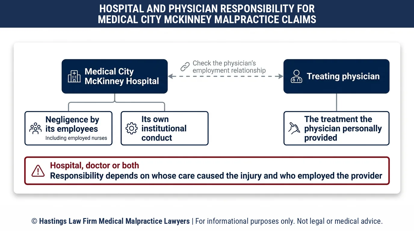 Should a hospital malpractice attorney sue Medical City McKinney Hospital, the treating doctor or both after a patient is harmed.