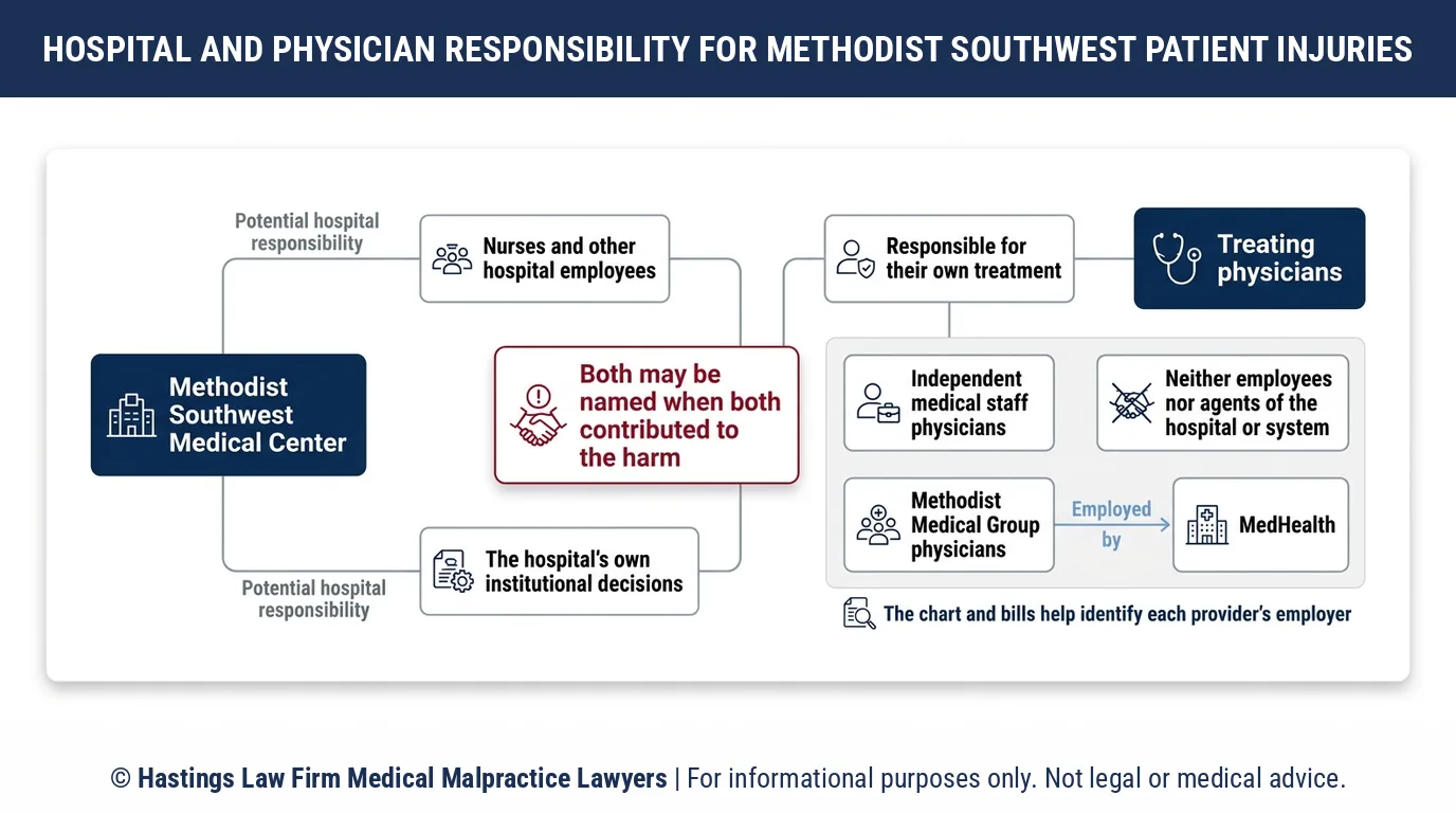 Who can a hospital malpractice attorney sue for an injury at Methodist Southwest Medical Center, the hospital or the doctor.