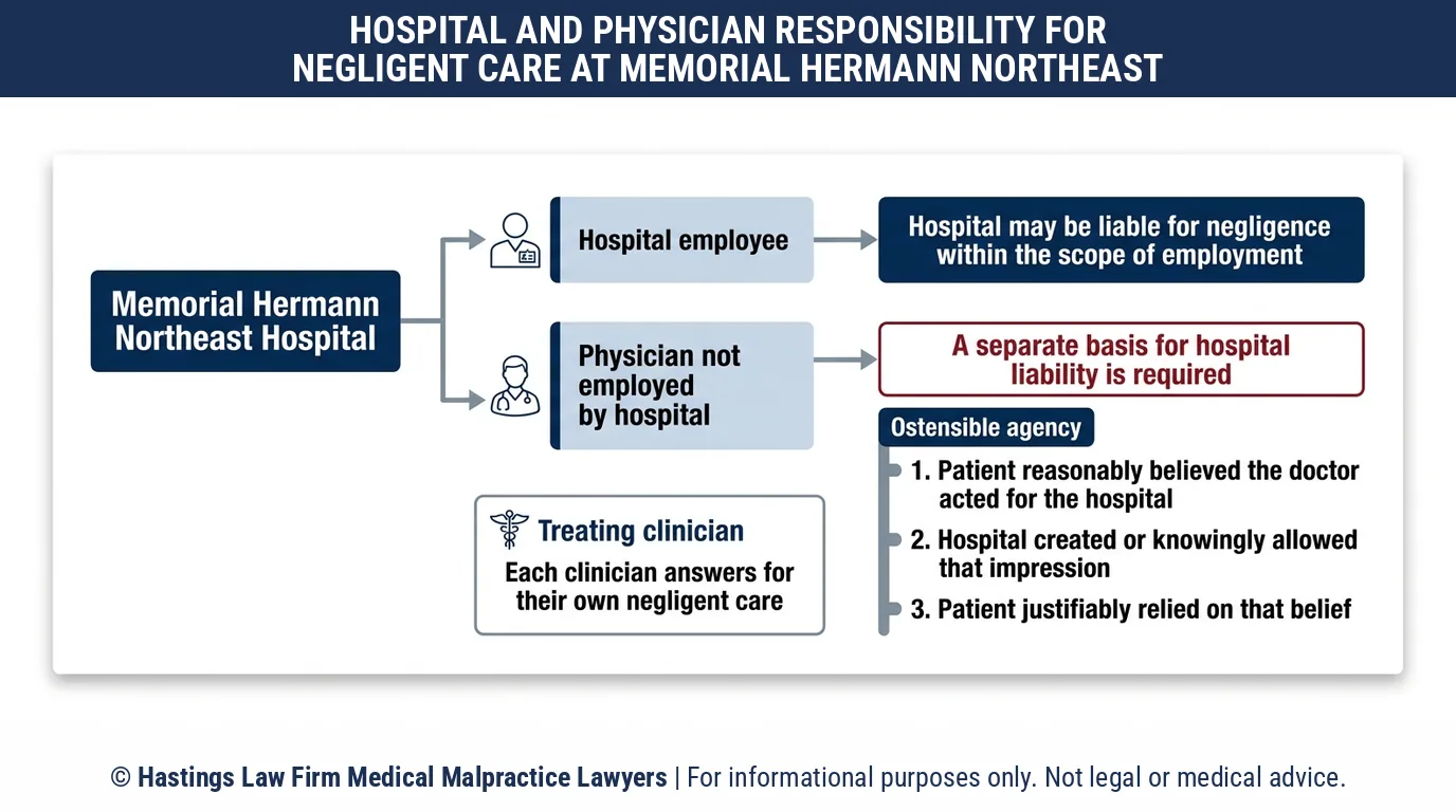 ¿Debería presentar una demanda contra el Memorial Hermann Northeast Hospital o contra mi médico, y cómo decide un abogado especializado en negligencia médica?.