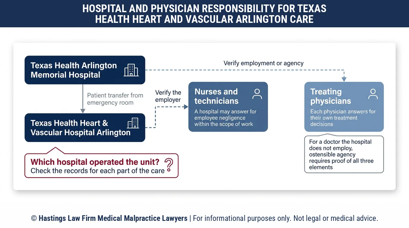 ¿Puede un abogado especializado en negligencia médica demandar al Texas Health Heart & Vascular Hospital de Arlington o solo al doctor cardiologista que me atendió?.