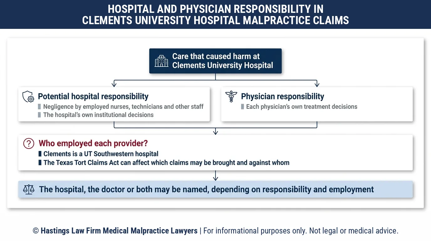 Does a hospital malpractice attorney sue the doctor or the hospital when a UT Southwestern patient is harmed at Clements University Hospital.