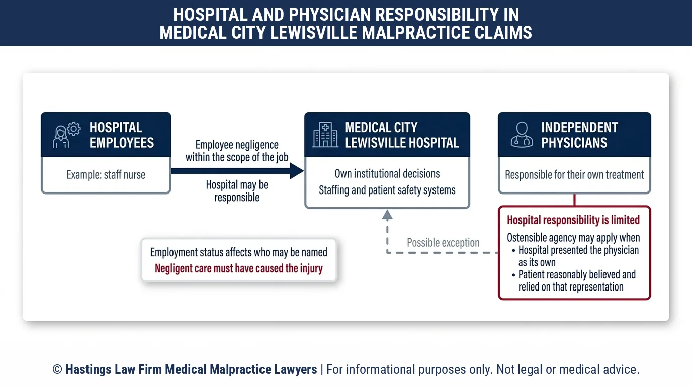 Según un abogado especializado en negligencia hospitalaria, quién es el responsable cuando una enfermera o un médico independiente del Hospital Medical City de Lewisville causa daño.