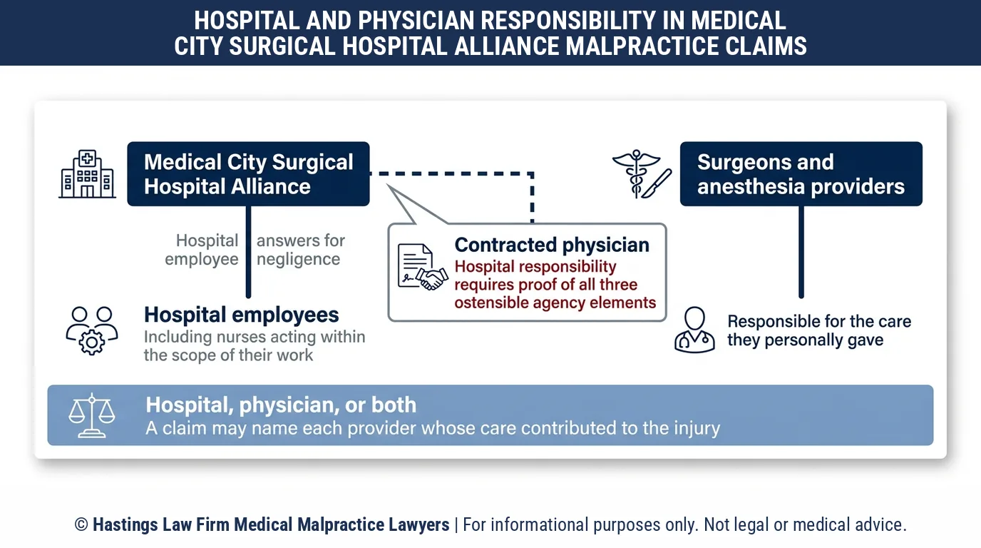 Should a hospital malpractice attorney sue Medical City Surgical Hospital Alliance or the surgeon who operated on me.