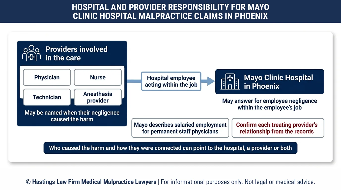 ¿Puede un abogado especializado en negligencia médica demandar al Hospital Mayo Clinic de Phoenix o solo al médico que me atendió?.