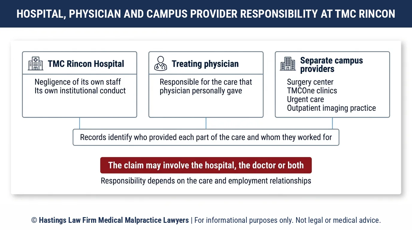 Do I sue TMC Rincon Hospital or my doctor, and what does a hospital malpractice attorney check first.