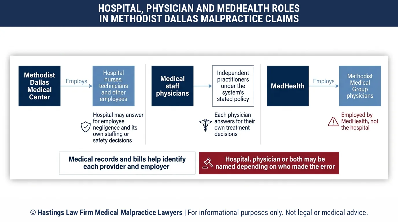 Should I sue Methodist Dallas Medical Center or my doctor, and how does a hospital malpractice attorney decide who is liable.