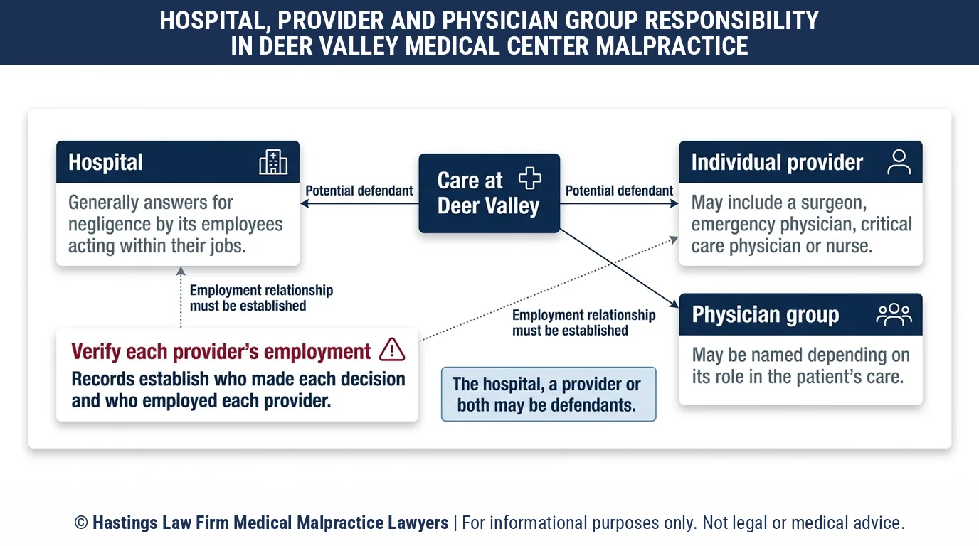 ¿Quién menciona un abogado de negligencia hospitalaria como demandado cuando un proveedor del HonorHealth Deer Valley Medical Center causa daño?.