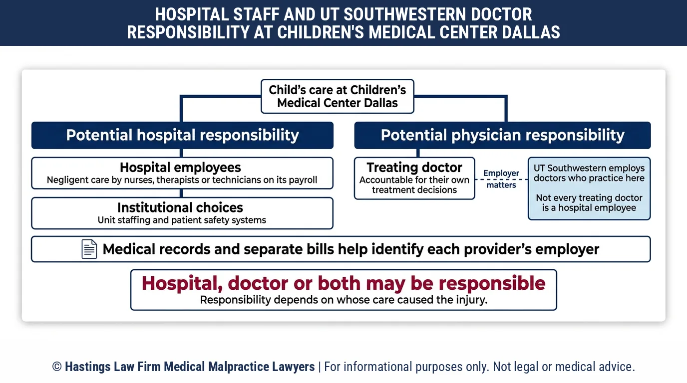Can a hospital negligence lawyer sue Children's Medical Center Dallas or the UT Southwestern doctor who treated my child.