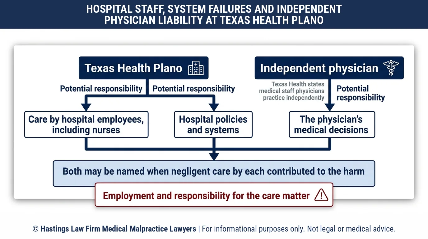 Can a hospital malpractice attorney sue Texas Health Presbyterian Hospital Plano or the independent doctor whose care harmed a patient.