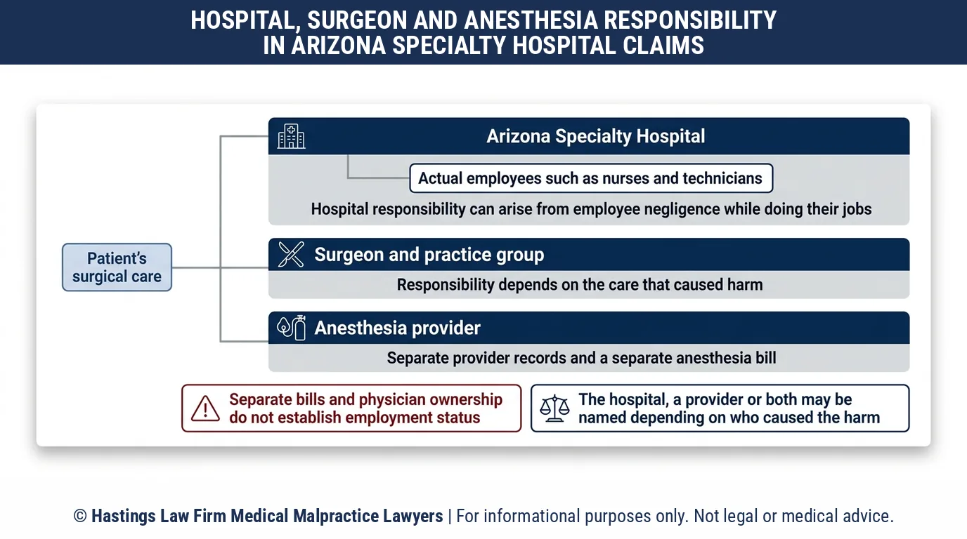 ¿Debería demandar al Arizona Specialty Hospital o a mi cirujano, y qué tipo de declaración jurada de experto necesita un abogado especializado en negligencia médica en Arizona?.