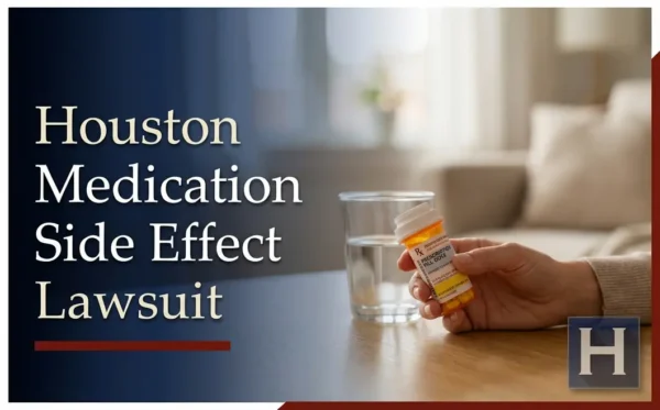 La mano de una persona sostiene un frasco de medicamentos y un vaso de agua, lo que refleja la necesidad de contar con un abogado especializado en efectos secundarios de medicamentos en Houston.
