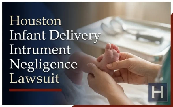 Un profesional de la salud sujeta con delicadeza el pie de un recién nacido, con instrumentos de parto borrosos a su alrededor, lo que ilustra un posible caso de negligencia relacionada con los instrumentos de parto en Houston para quienes necesiten un abogado.