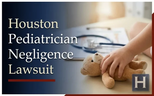 La mano de un niño acaricia a un osito de peluche sobre una mesa, con instrumentos médicos difuminados al fondo, lo que ilustra posibles motivos de preocupación para un abogado especializado en negligencia médica pediátrica de Houston.