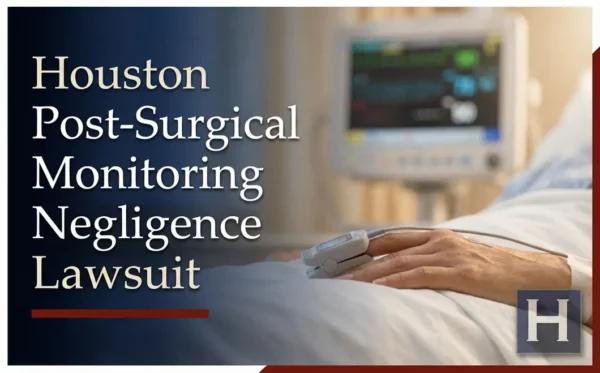 La mano de un paciente, con un oxímetro de pulso, descansa sobre una cama de hospital, mientras que un monitor médico muestra los signos vitales, lo que ilustra las preocupaciones sobre la negligencia en la monitorización posquirúrgica para un abogado de Houston.