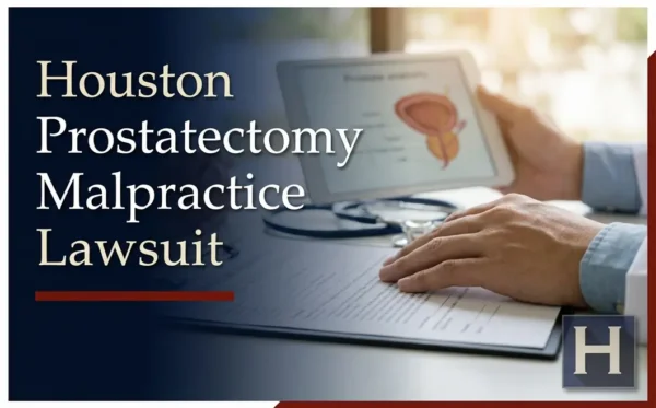 A doctor's hands review a prostate diagram and documents, with the visible text 'Houston Prostatectomy Malpractice Lawsuit' underscoring the need for a qualified Houston Prostatectomy Malpractice lawyer.
