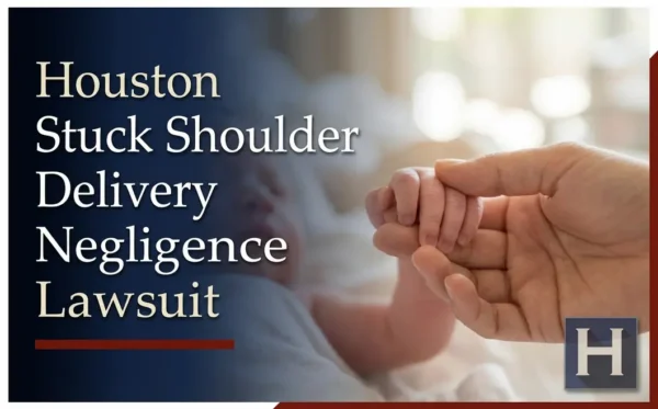 An adult's hand gently holds a newborn baby's tiny hand, reflecting concerns for families needing a Houston Stuck Shoulder Delivery Negligence lawyer.
