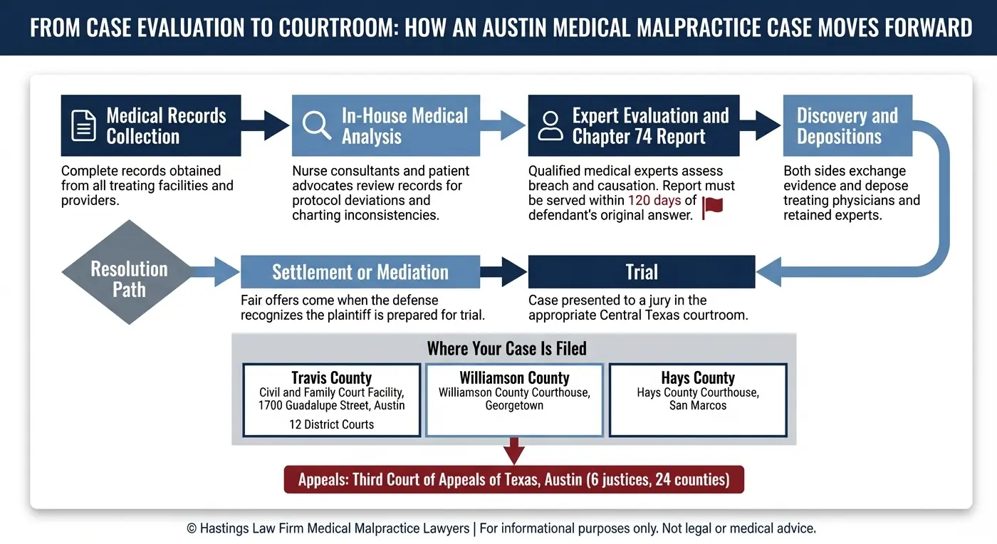 Process flowchart showing the full timeline of an Austin medical malpractice case from medical records collection and expert evaluation through discovery, settlement or trial, with a jurisdiction guide showing where cases are filed in Travis County, Williamson County, and Hays County courts, all converging at the Third Court of Appeals of Texas in Austin.