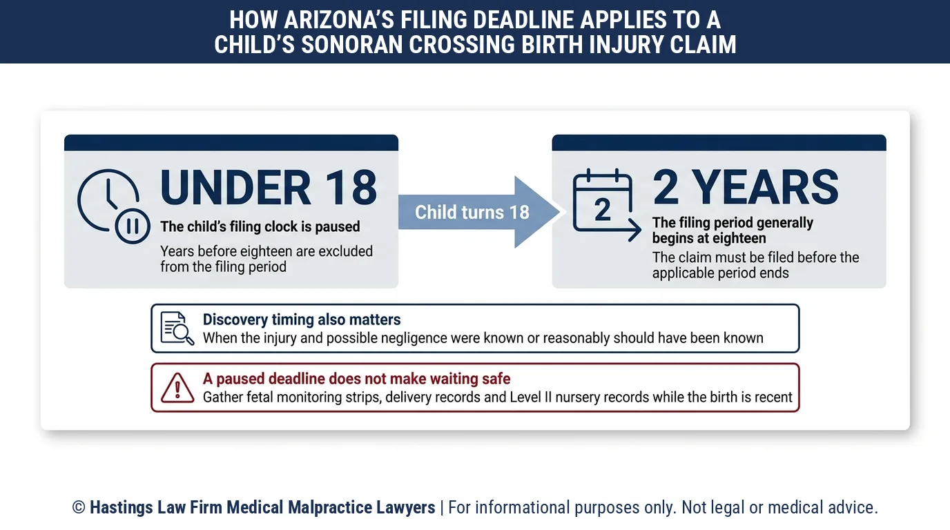 ¿Cuánto tiempo tiene que pasar un niño herido al nacer en el HonorHealth Sonoran Crossing Medical Center para presentar una demanda contra un abogado de negligencia hospitalaria en Arizona?.