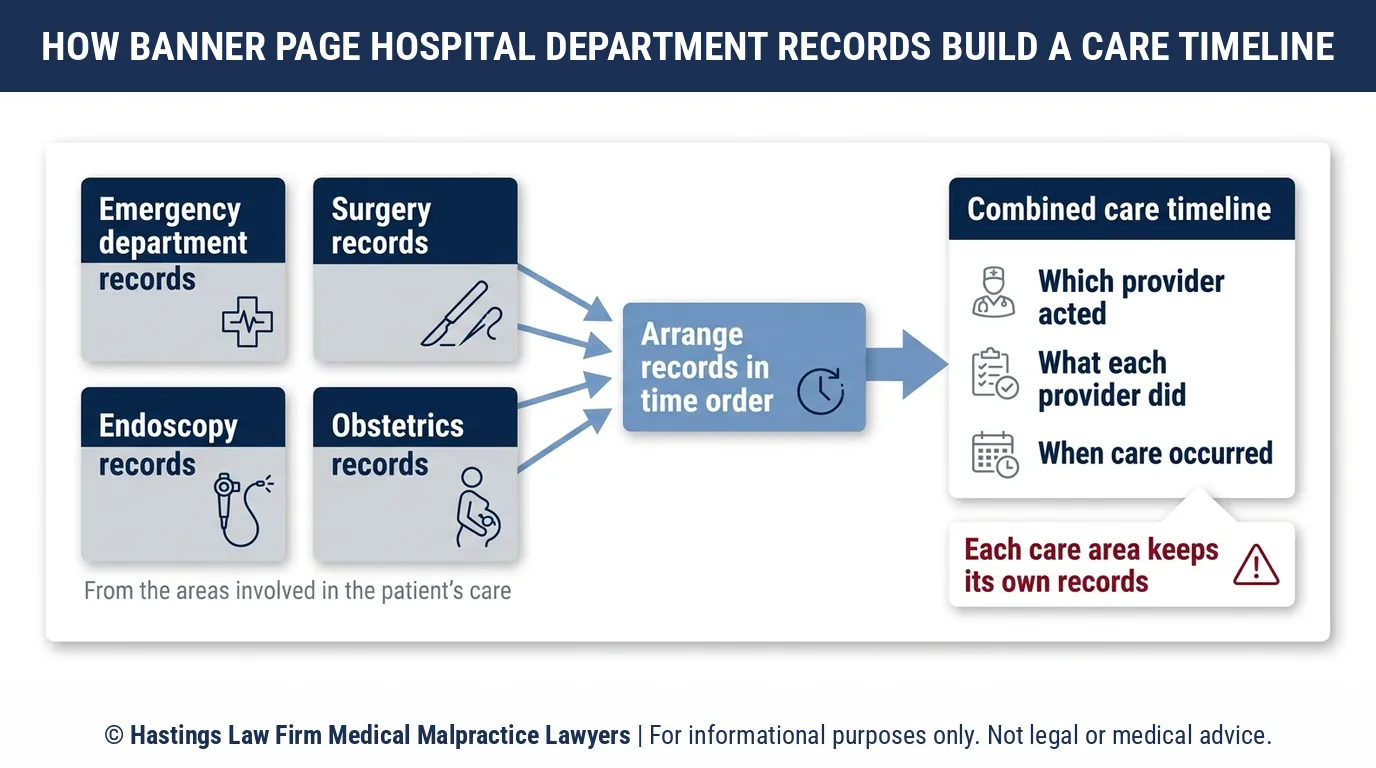 How does a hospital malpractice attorney use Banner Page Hospital emergency, surgery and obstetrics records to trace a patient's care.