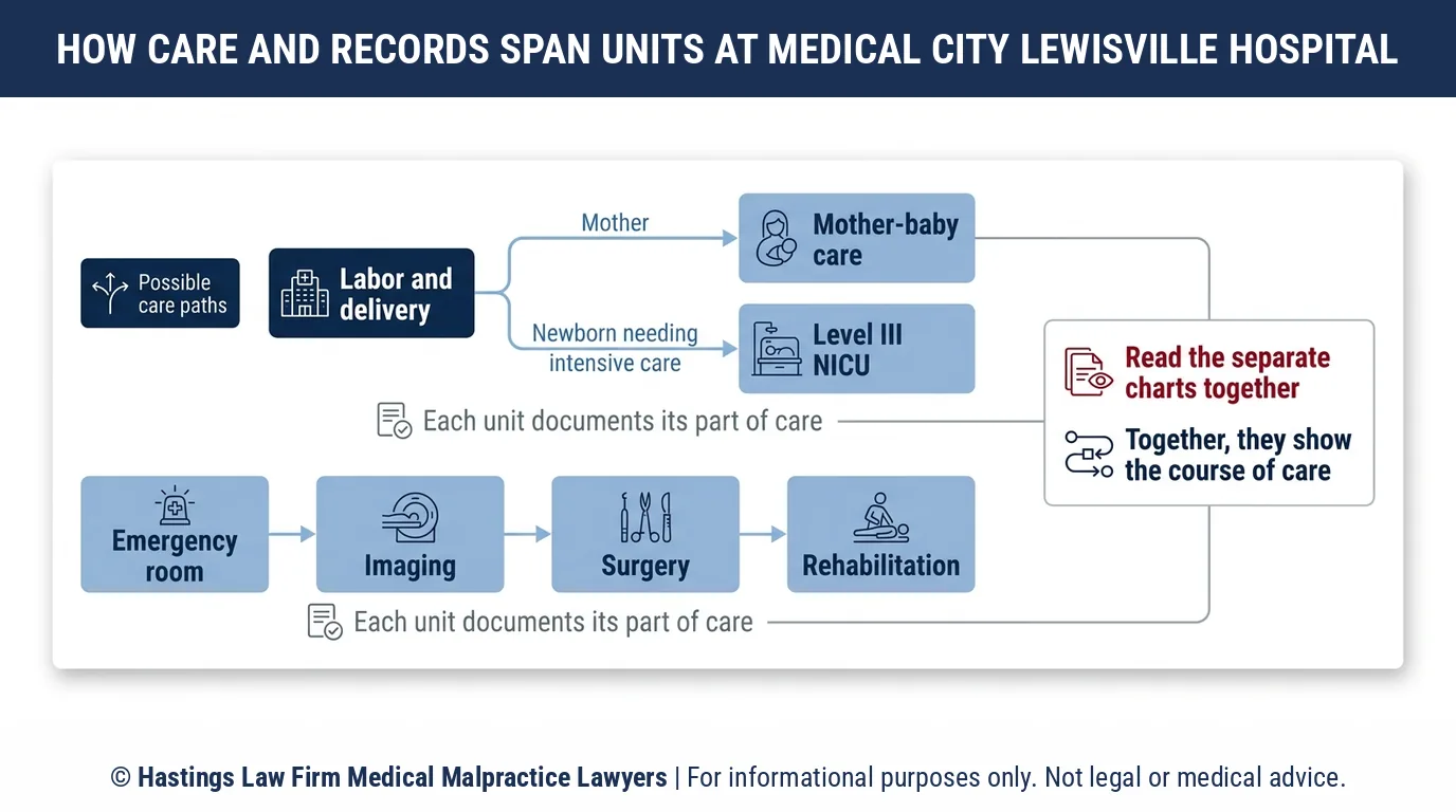 ¿Qué unidades atienden a los pacientes del Hospital Medical City de Lewisville y por qué un abogado especializado en negligencia médica necesita los registros de cada unidad?.